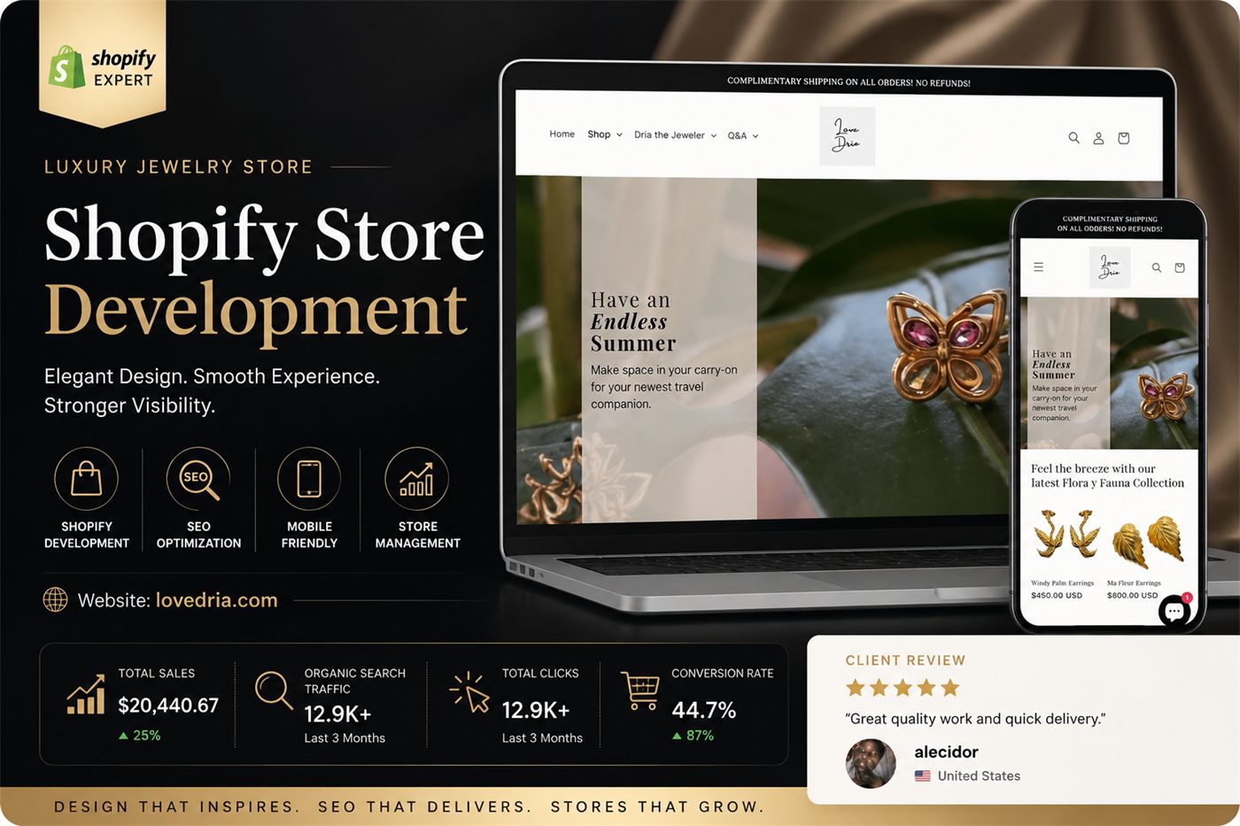 Love Dria luxury jewellery Shopify store development and SEO case study