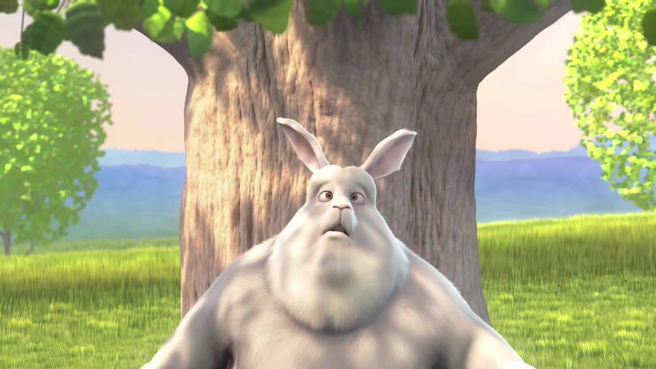 Sample clip thumbnail: a white rabbit beside a tree in a sunlit meadow